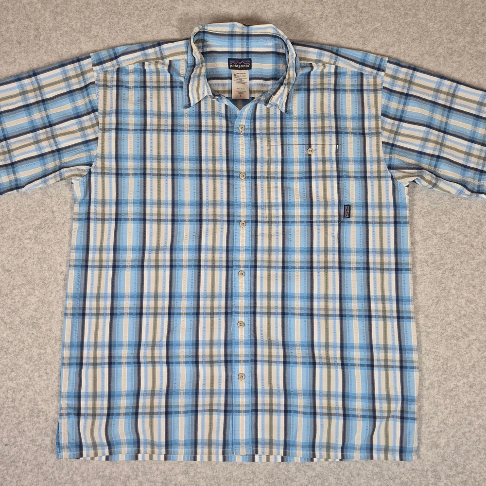 Patagonia Seersucker Button Down Shirt Mens L Blue Plaid Short Sleeve Hiking